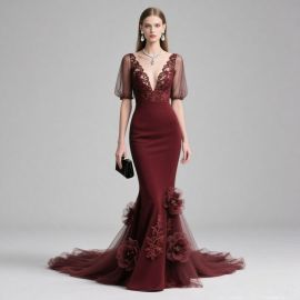 Burgundy Mermaid Evening Gown - Lace Deep V Neck, Sheer Puff Sleeves & Floral Train