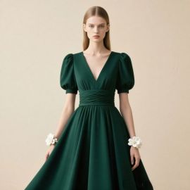 Emerald Green V-Neck Puff Sleeve Cinched Waist A-Line Dress