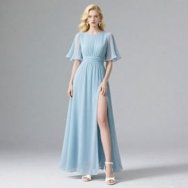 Elegant Light Blue Chiffon Maxi Dress with Flutter Sleeves & High Slit