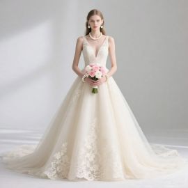 Elegant Deep V-Neck Lace Wedding Dress with Train - Bridal Gown