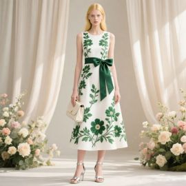 Elegant Sleeveless White Midi Dress with Green Floral Embroidery & Big Bow Belt