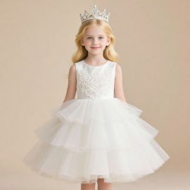 White Lace Embroidered Tulle Flower Girl Dress for Kids Party