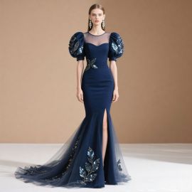 Elegant Navy Blue Mermaid Evening Gown with Puff Sleeves & Sequin Embroidery
