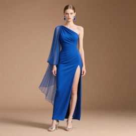 Royal Blue One-Shoulder Gown with Chiffon Sleeve & High Slit - Elegant Evening Dress