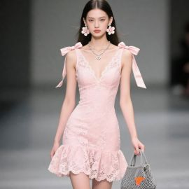 Pink Lace Bow - Shoulder Mini Dress: Feminine Ruffled Hem Summer Style