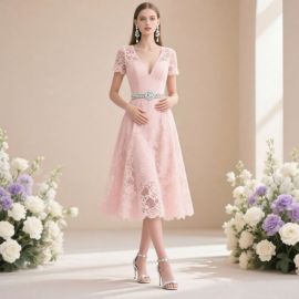 Chic Pink Lace Midi Dress: V-Neck, Short Sleeves & Embellished Waistband for Elegant Looks