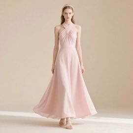 Elegant Pink Halter Neck Flowy Maxi Dress - Chic Evening & Wedding Guest Wear