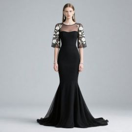 Elegant Black Mermaid Gown with Sheer Floral Sleeves - Formal Evening Dress