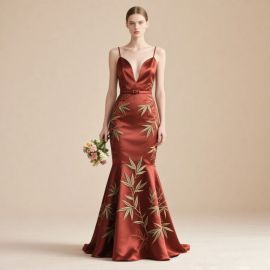 Red Satin Mermaid Gown with Bamboo Embroidery - Elegant Evening Dress