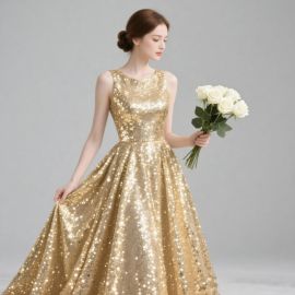 Elegant Gold Sequin Floor-Length Gown - Shimmering Party Dress for Bridesmaids & Events