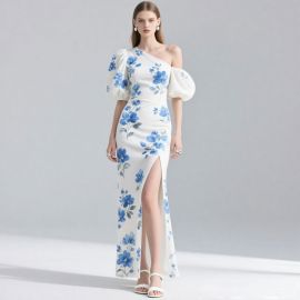 One-Shoulder Puff Sleeve Floral Slit Maxi Dress - Elegant Women's Evening Gown