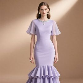 Lavender Mermaid Gown: Beaded Neckline & Flutter Sleeves Evening Dress