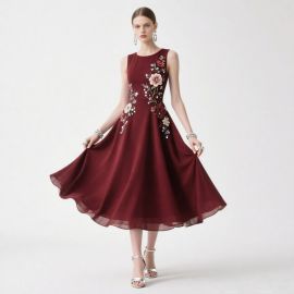 Burgundy Sleeveless Embroidered Floral Midi Dress - Elegant Party & Wedding Attire