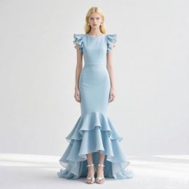 Light Blue Mermaid Gown: Ruffled Sleeves & Layered High-Low Hem