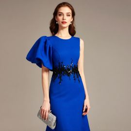 Royal Blue One - Shoulder Gown with Black Lace Embellishment