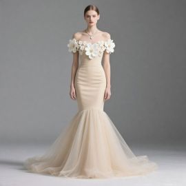 Elegant Off - Shoulder Mermaid Wedding Dress with Floral Embellishments