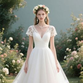 Romantic Lace Short - Sleeve V - Neck Tulle Wedding Dress for Elegant Brides