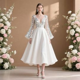 Elegant White Midi Dress: Sequined Bodice, Bell Sleeves, Deep V-Neck for Weddings/Parties