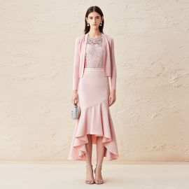 Elegant Pink Lace Top & Asymmetric Hem Skirt Women's Outfit