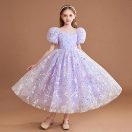 Girls' Lavender Purple Princess Dress Sequins Embroidery Puffy Sleeves Party Gown for Kids