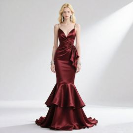 Burgundy Satin Mermaid Gown: Spaghetti Straps & Ruffled Skirt Evening Dress