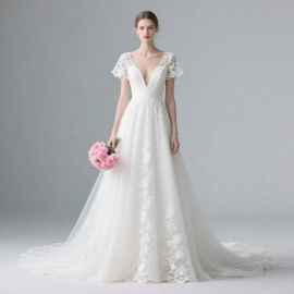 Elegant Deep V - Neck Lace Wedding Dress with Short Sleeves & Embroidered Tulle Train