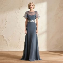 Elegant Long Evening Dress: Sheer Flutter Sleeves & Embellished Waistband