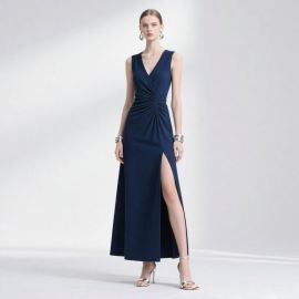 Navy Blue Sleeveless V-Neck Gathered Waist High Slit Maxi Dress - Elegant Evening Gown
