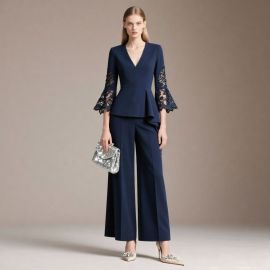 Navy Blue Lace Bell - Sleeve Peplum Top & Wide Leg Pants Set - Elegant Women's Fashion