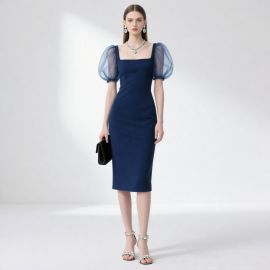 Elegant Navy Blue Midi Dress with Puff Sleeves & Square Neck - Chic Women's Formal Wear
