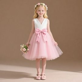 Charming Girls' Pink Tulle Dress with V-Neck & Big Bow - Princess Party Gown