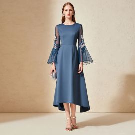 Elegant Blue Midi Dress: Floral Embroidered Flare Sleeves & High-Low Hem for Parties & Evenings
