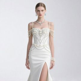 Elegant Off - Shoulder Pearl & Crystal Embellished Mermaid Gown with High Slit