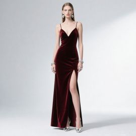 Burgundy Velvet Spaghetti Strap Deep V-Neck High Slit Evening Gown