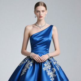 Elegant Royal Blue One - Shoulder Satin Evening Gown with Silver Embroidery