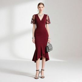 Burgundy Mermaid Dress: Lace Sleeves, V-Neck, Asymmetric Hem - Elegant Evening Wear