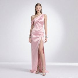 Elegant Pink One - Shoulder Satin Evening Gown with High Slit