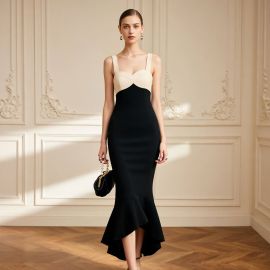 Elegant Black & White Color-Block Spaghetti Strap Mermaid Hem Midi Dress