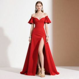 Elegant Red Off - Shoulder High Slit Evening Gown | Formal Event Dress