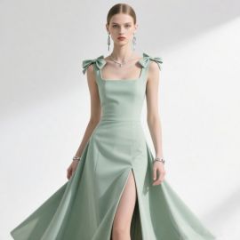 Elegant Mint Green Square Neck Bow Shoulder Split Maxi Dress
