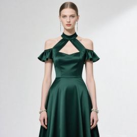Elegant Emerald Green Off - Shoulder Satin Evening Dress with Ruffled Sleeves and High Neck