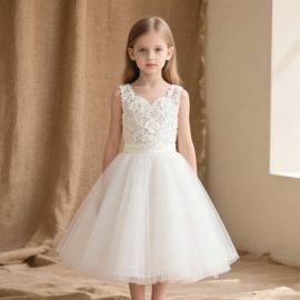 Charming Kids White Lace Flower Girl Dress with Tulle Skirt for Weddings & Parties