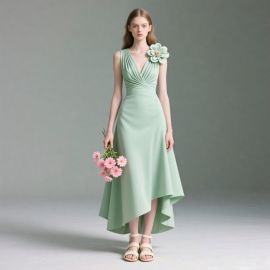Mint Green Asymmetric V - Neck Sleeveless Midi Dress with Flower Accent