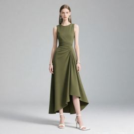 Elegant Olive Green Sleeveless Asymmetric Hem High - Low Maxi Dress