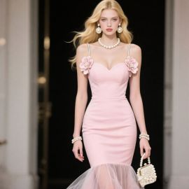 Elegant Pink Floral Spaghetti Strap Mermaid Evening Dress with Tulle Hem