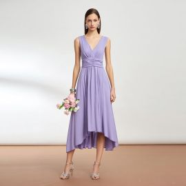 Lavender Sleeveless V-Neck High-Low Hem Elegant Midi Dress