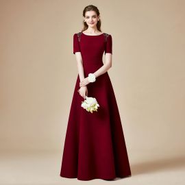 Elegant Burgundy Long Evening Dress with Beaded Shoulders & Short Sleeves