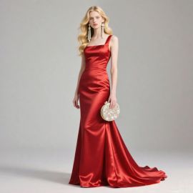 Red Satin Square Neck Mermaid Evening Gown - Formal Party Dress