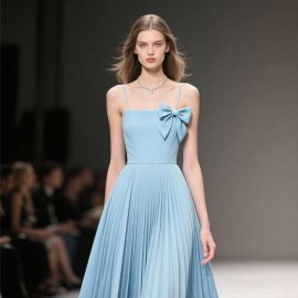 Elegant Light Blue Spaghetti Strap Dress with Bow & Pleated Skirt - Summer Fashion