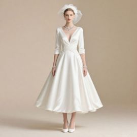 Elegant V-Neck Tea-Length Wedding Dress with 3/4 Sleeves - Vintage Bridal Gown